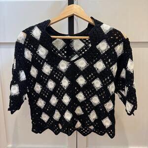 La Seine Black & White Crochet Top XS Scalloped Edge Boho Retro Festival Style